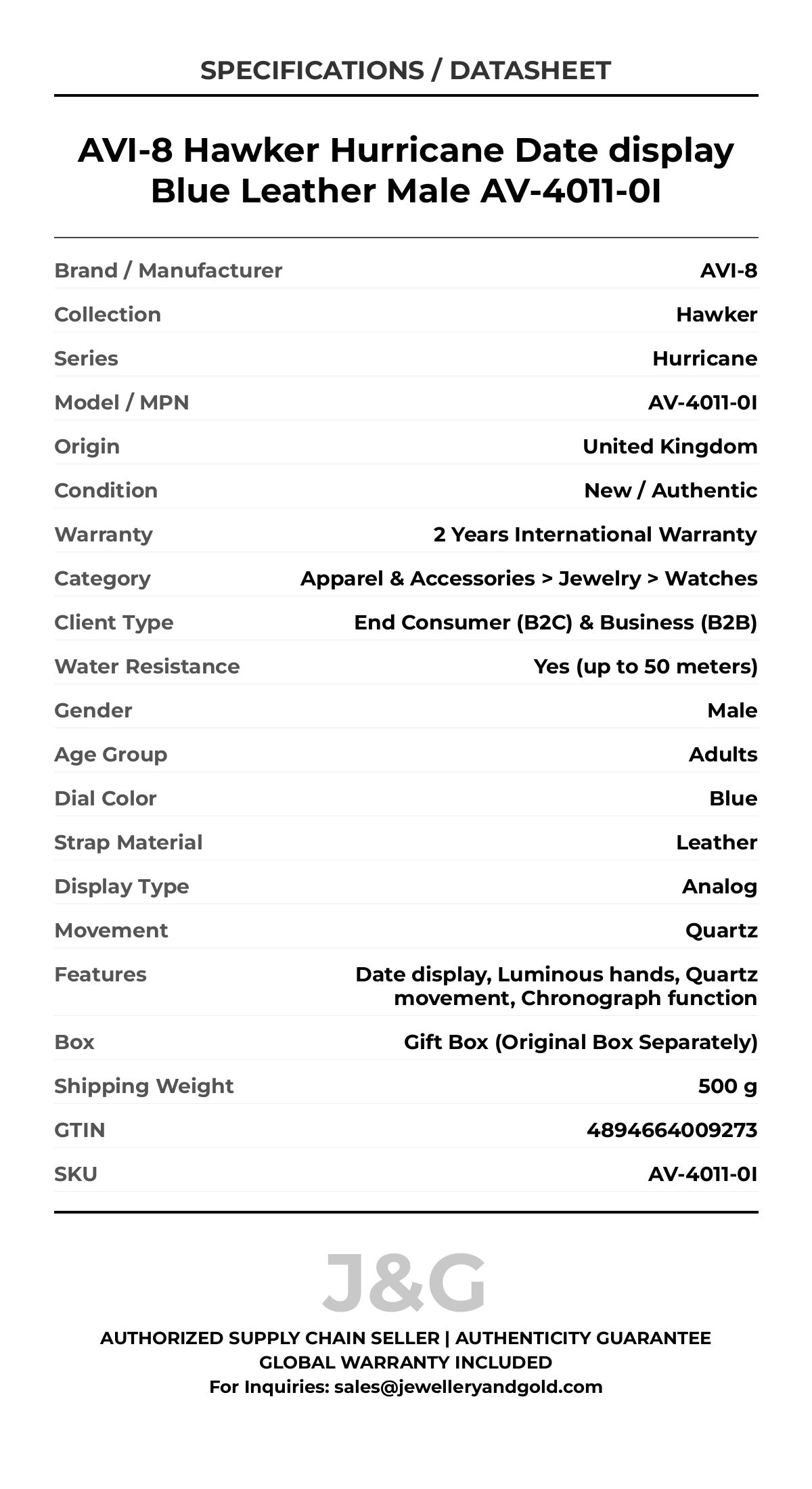 AVI-8 Hawker Hurricane Date display Blue Leather Male AV-4011-0I - Specifications
