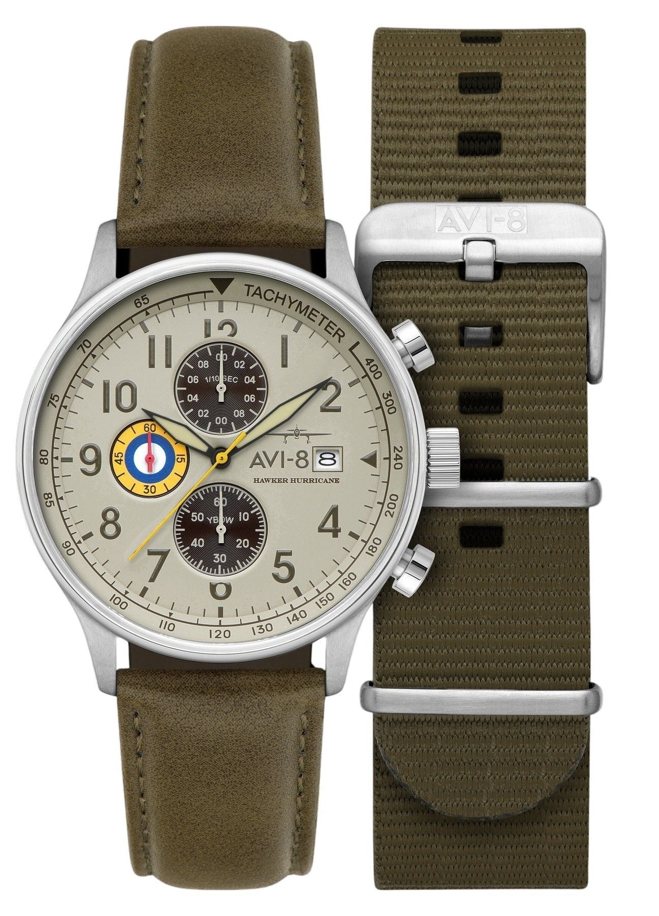 AVI-8 Hawker Hurricane Quartz movement White Male AV-4011-1B. A brand-new AVI-8 Hawker watch featuring a White dial. Front view.