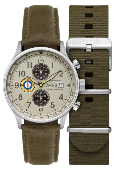 AVI-8 Hawker Hurricane Quartz movement White Male AV-4011-1B. A brand-new AVI-8 Hawker watch featuring a White dial. Front view.