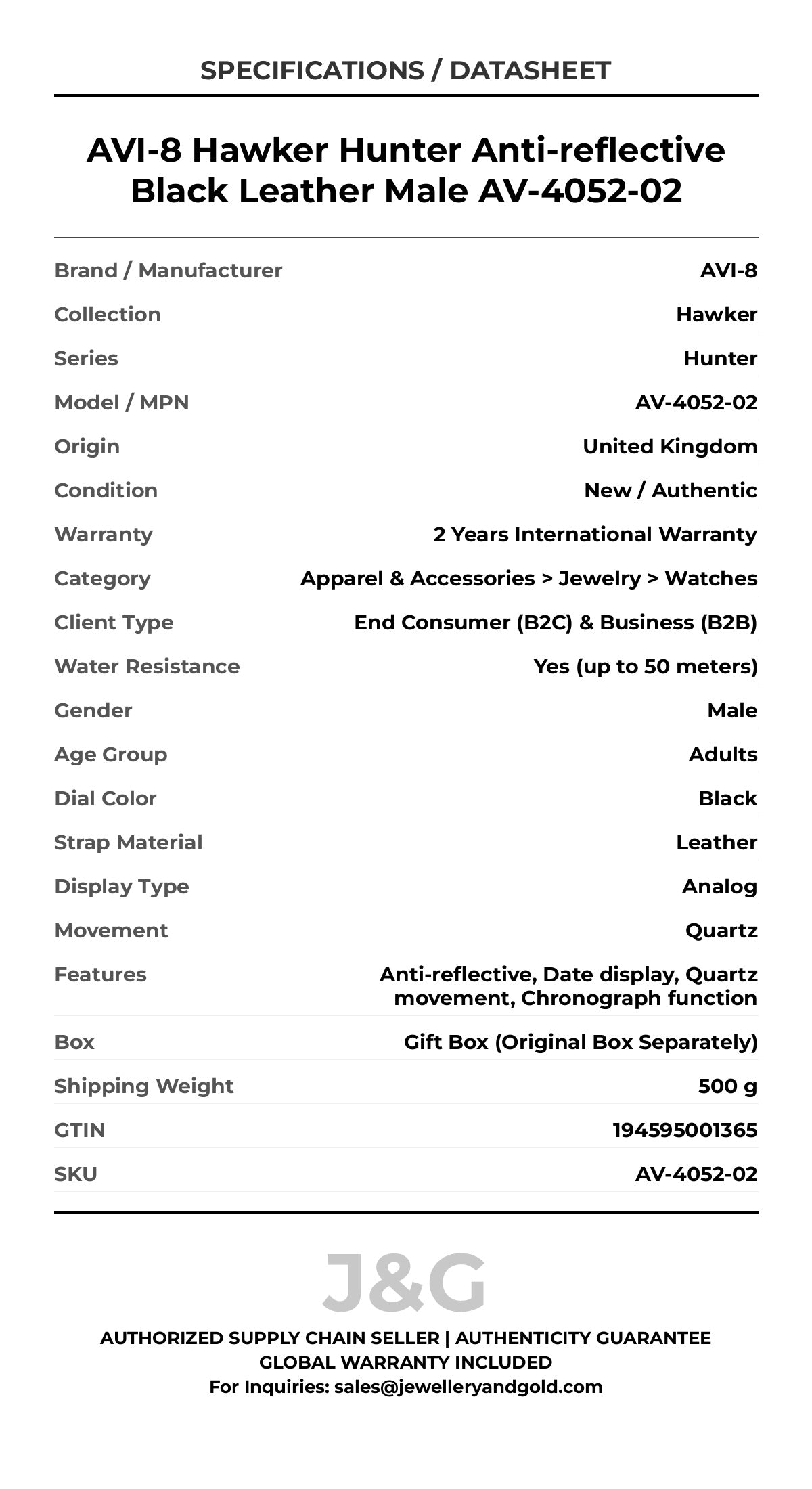 AVI-8 Hawker Hunter Anti-reflective Black Leather Male AV-4052-02 - Specifications