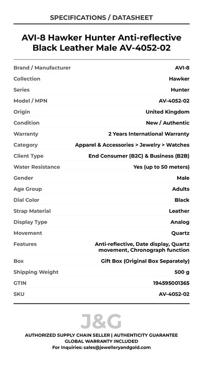 AVI-8 Hawker Hunter Anti-reflective Black Leather Male AV-4052-02 - Specifications