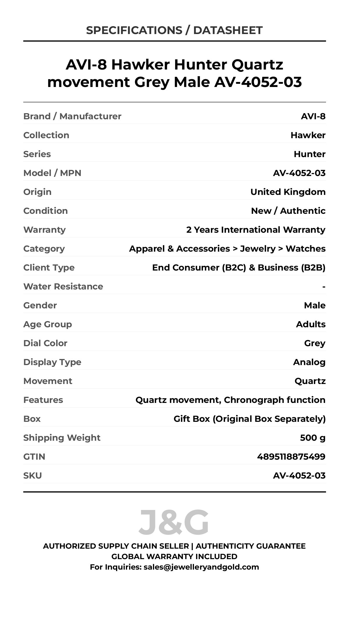 AVI-8 Hawker Hunter Quartz movement Grey Male AV-4052-03 - Specifications