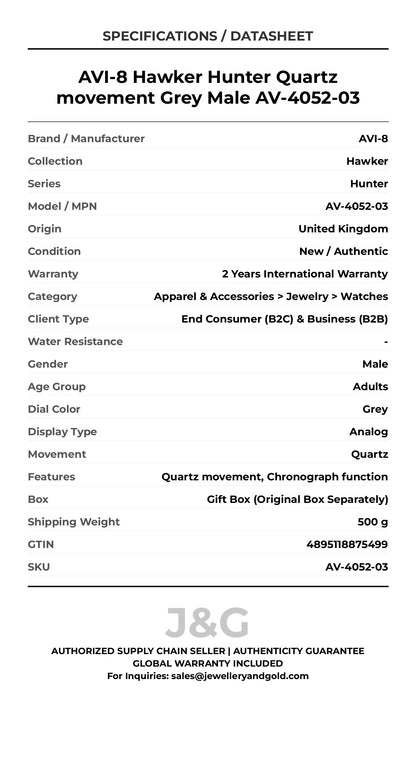 AVI-8 Hawker Hunter Quartz movement Grey Male AV-4052-03 - Specifications