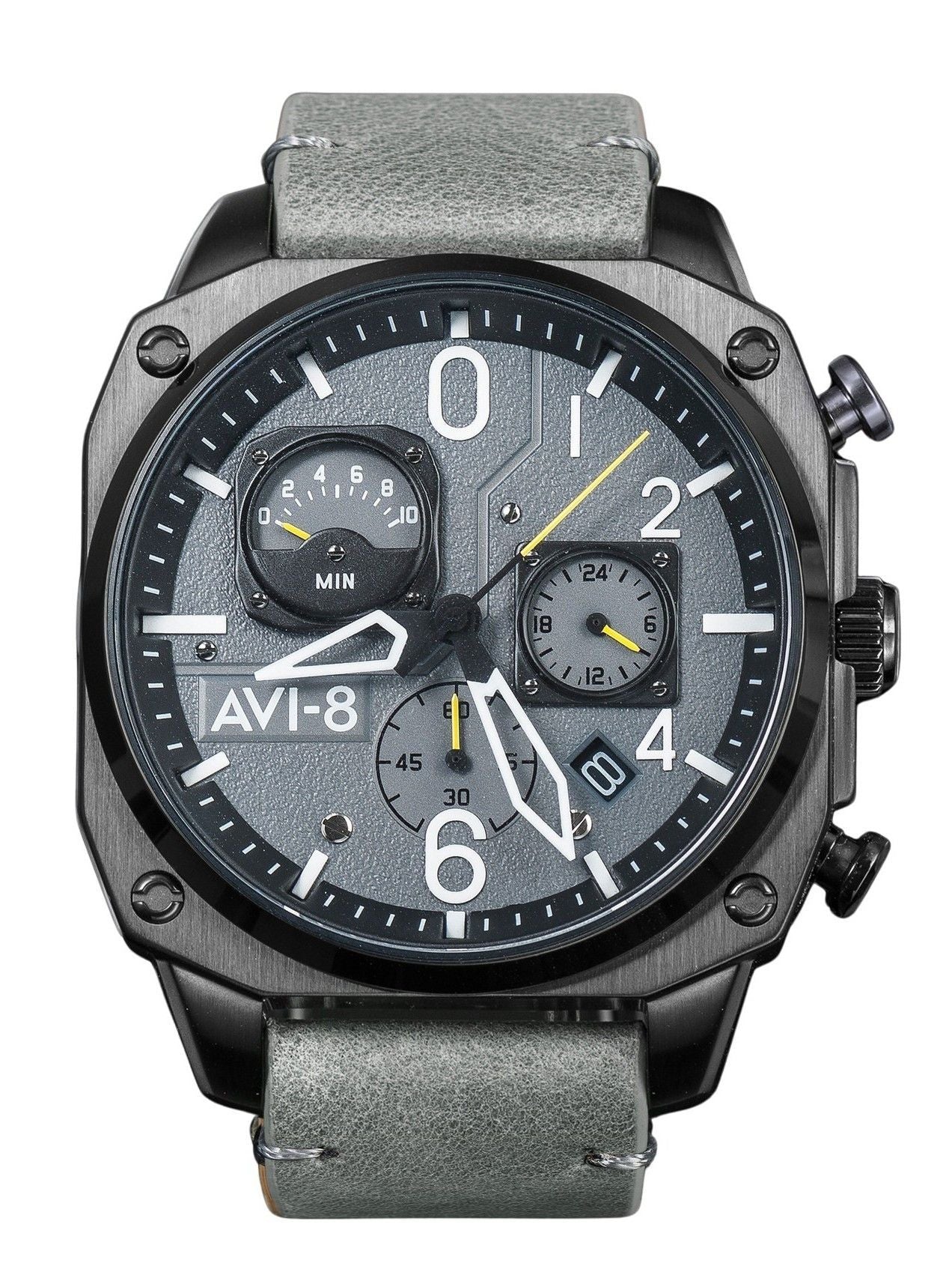 AVI-8 Hawker Hunter Quartz movement Grey Male AV-4052-03. A brand-new AVI-8 Hawker watch featuring a Grey dial. Side view.