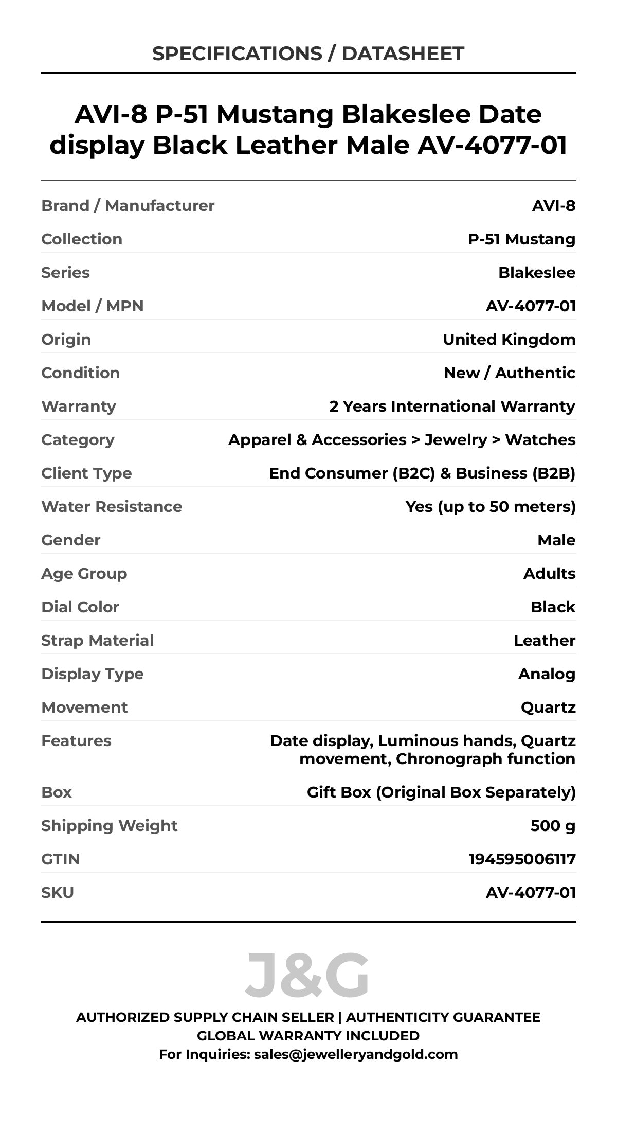 AVI-8 P-51 Mustang Blakeslee Date display Black Leather Male AV-4077-01 - Specifications