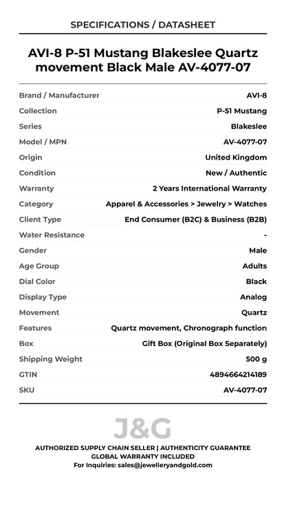 AVI-8 P-51 Mustang Blakeslee Quartz movement Black Male AV-4077-07 - Specifications