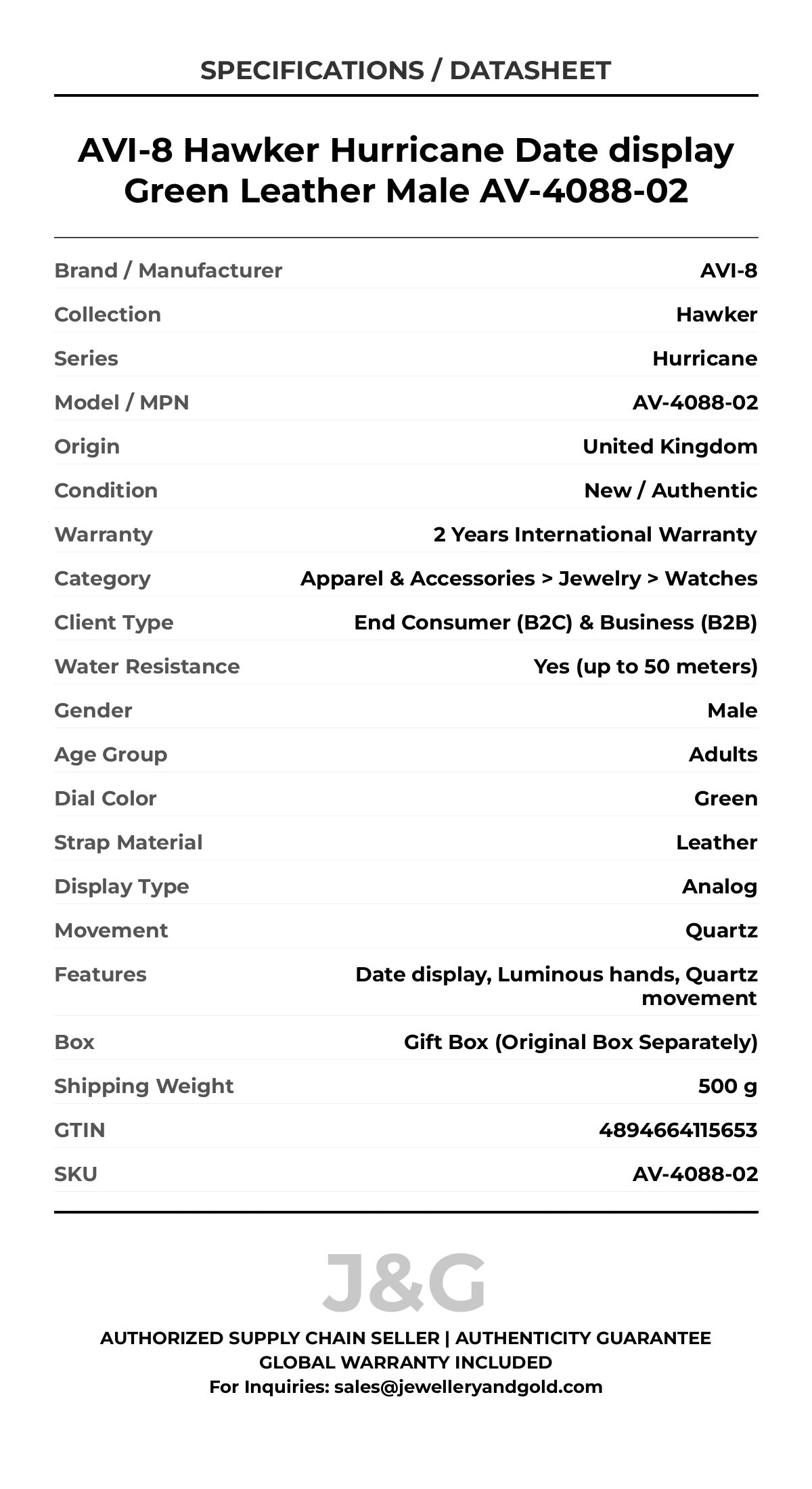 AVI-8 Hawker Hurricane Date display Green Leather Male AV-4088-02 - Specifications