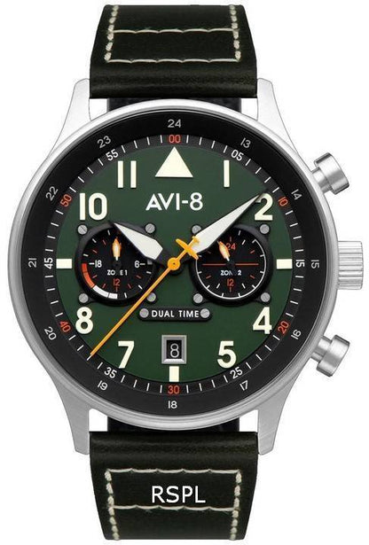AVI-8 Hawker Hurricane Date display Green Leather Male AV-4088-02. A brand-new AVI-8 Hawker watch featuring a Green dial and a Leather strap. Side view.