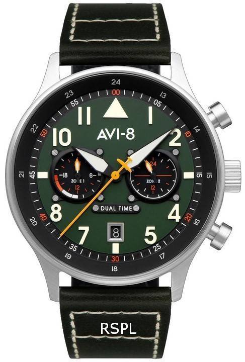 AVI-8 Hawker Hurricane Date display Green Leather Male AV-4088-02. A brand-new AVI-8 Hawker watch featuring a Green dial and a Leather strap. Side view.