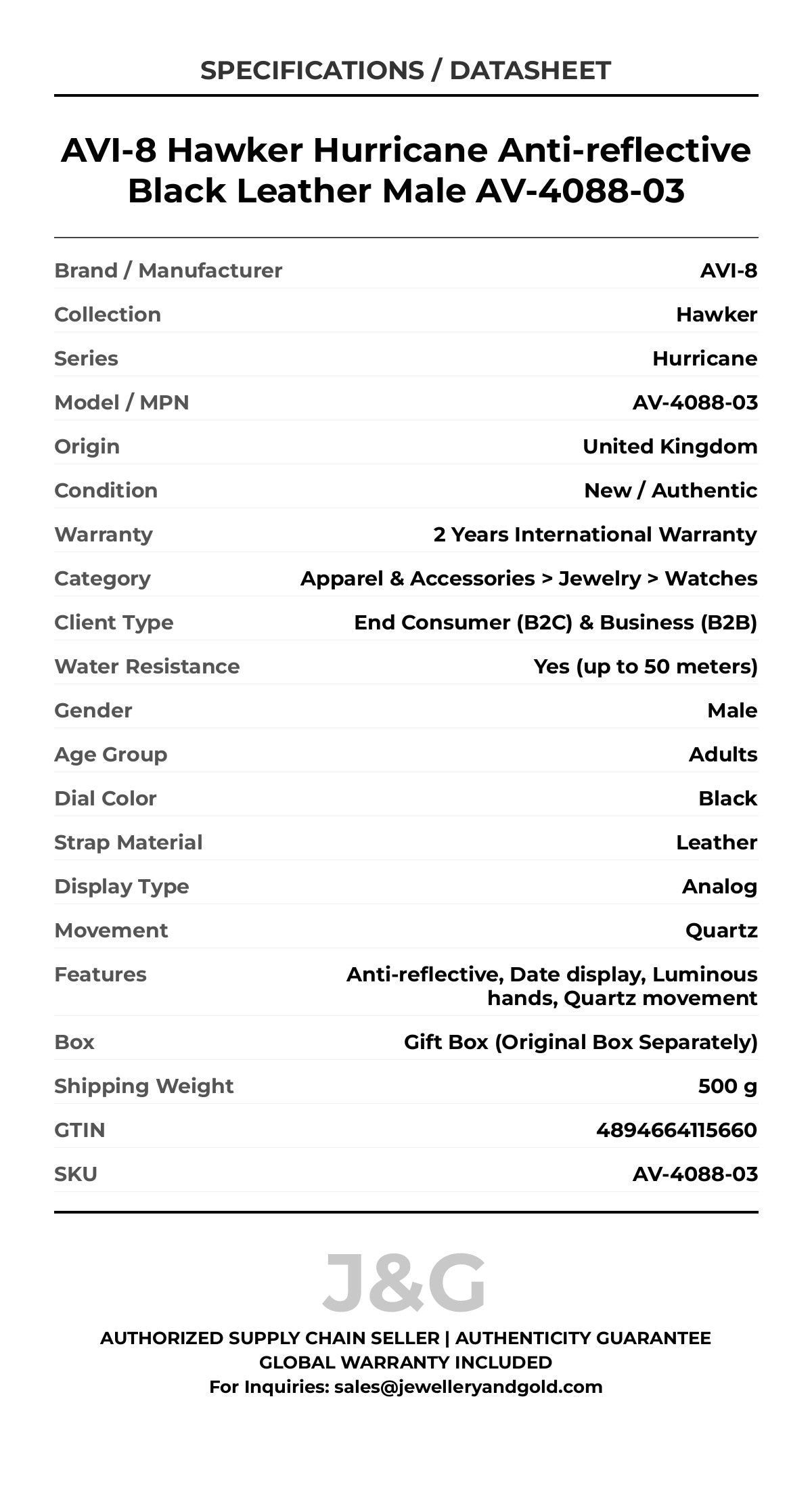 AVI-8 Hawker Hurricane Anti-reflective Black Leather Male AV-4088-03 - Specifications