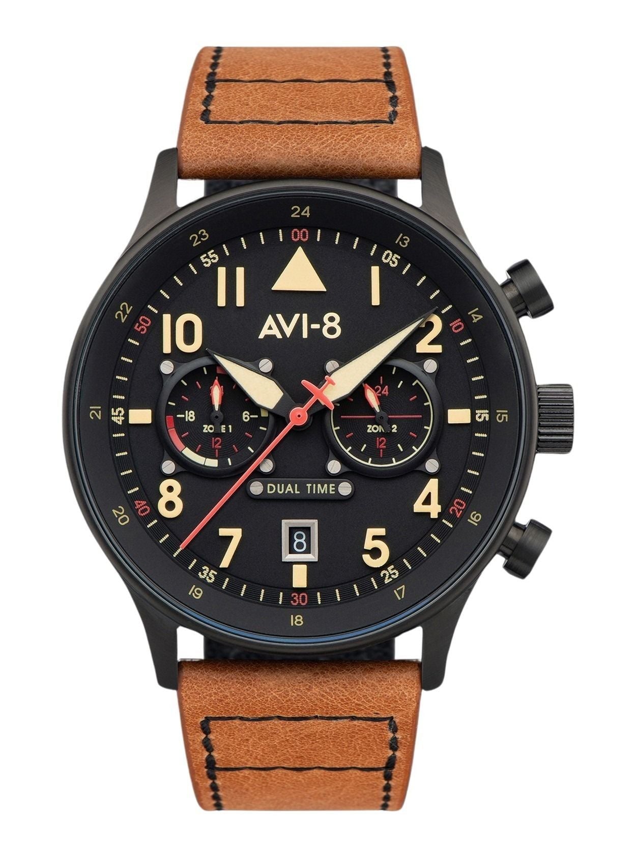 AVI-8 Hawker Hurricane Anti-reflective Black Leather Male AV-4088-03. A brand-new AVI-8 Hawker watch featuring a Black dial and a Leather strap. Angled view.