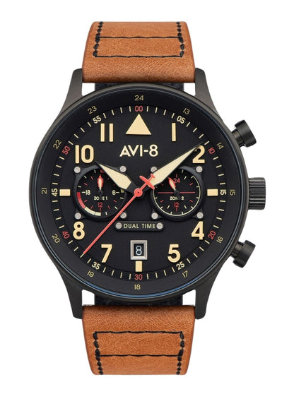 AVI-8 Hawker Hurricane Anti-reflective Black Leather Male AV-4088-03. A brand-new AVI-8 Hawker watch featuring a Black dial and a Leather strap. Angled view.