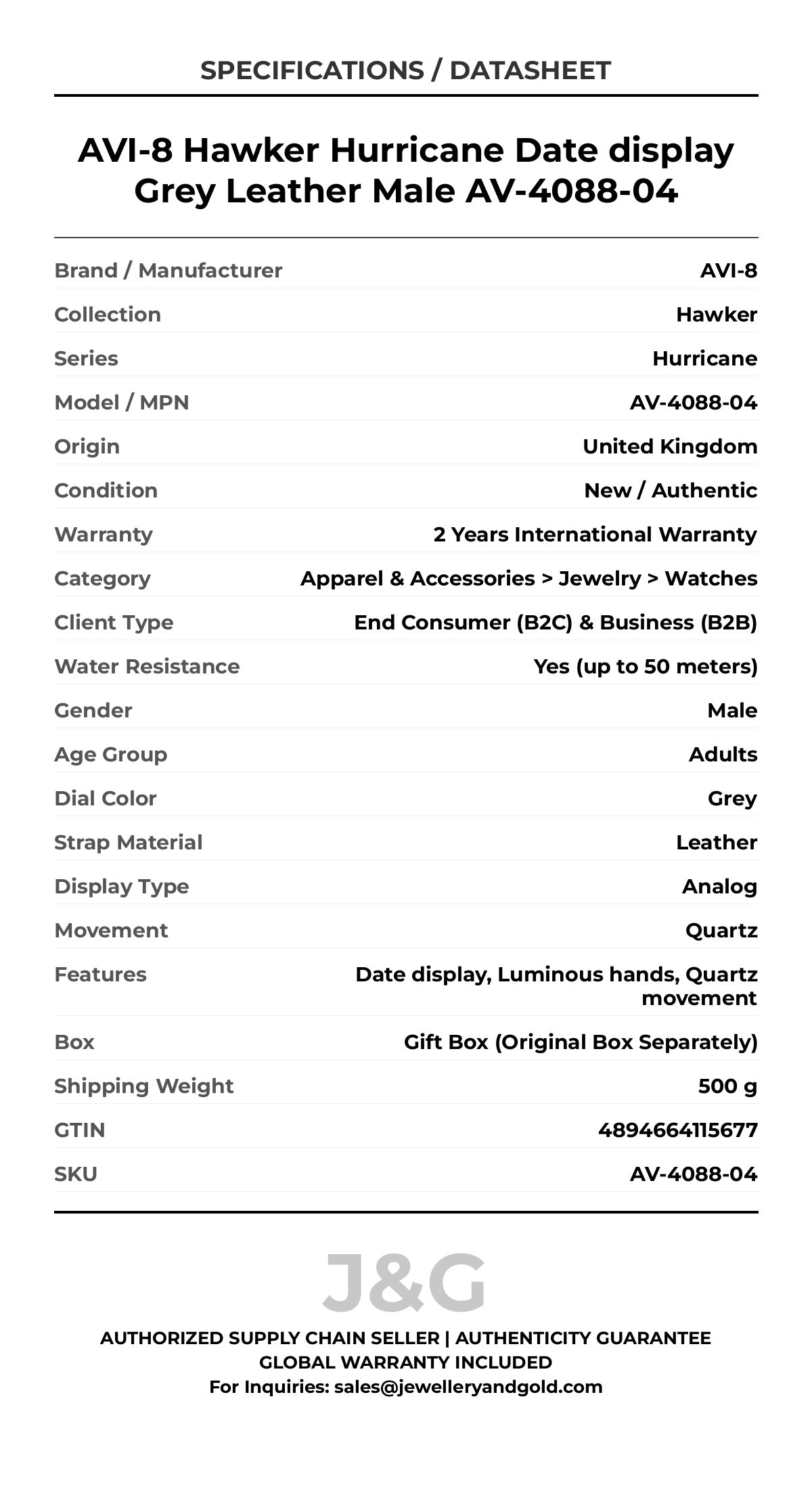 AVI-8 Hawker Hurricane Date display Grey Leather Male AV-4088-04 - Specifications