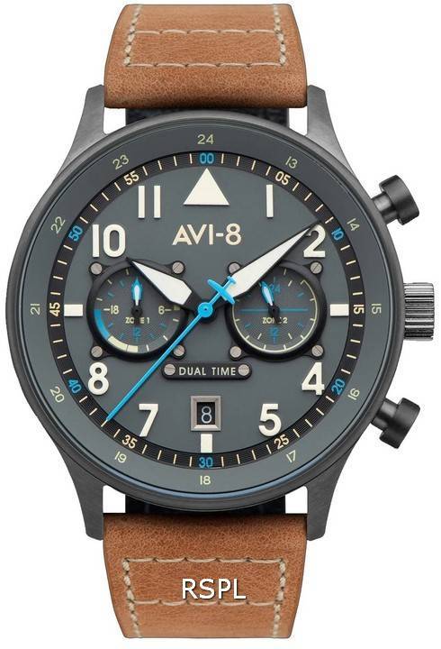 AVI-8 Hawker Hurricane Date display Grey Leather Male AV-4088-04. A brand-new AVI-8 Hawker watch featuring a Grey dial and a Leather strap. Front view.