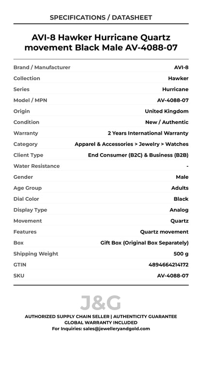AVI-8 Hawker Hurricane Quartz movement Black Male AV-4088-07 - Specifications