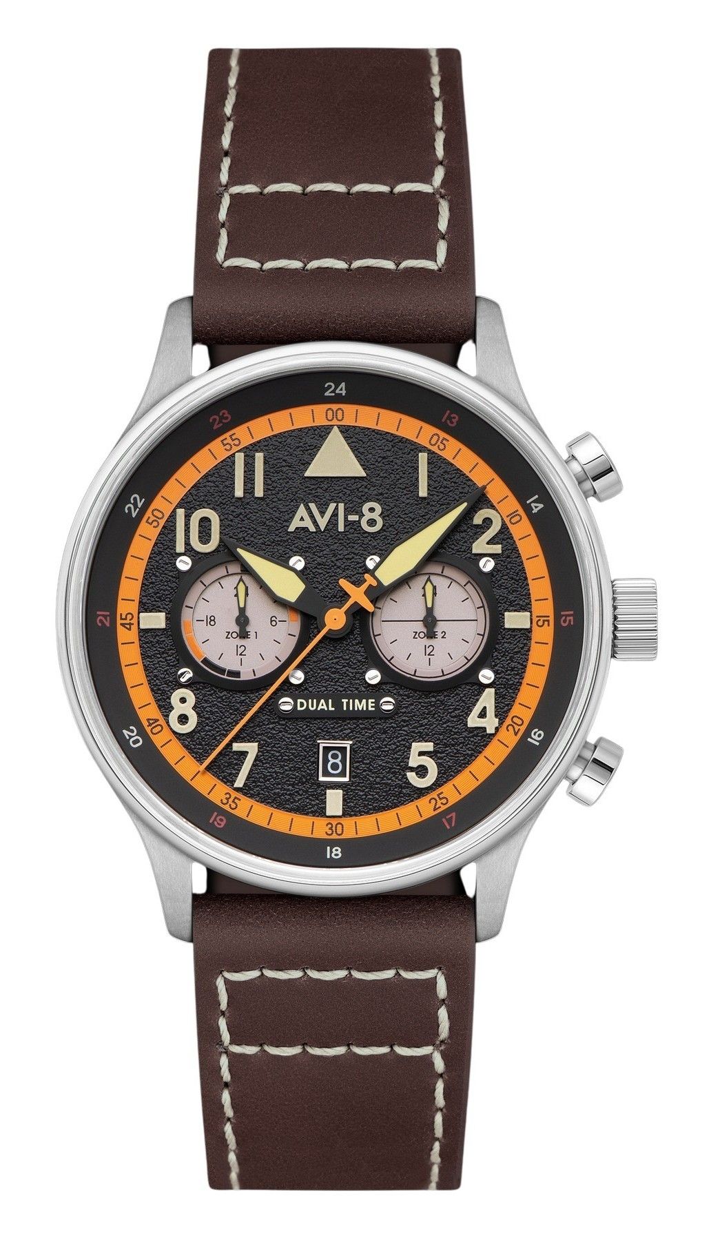 AVI-8 Hawker Hurricane Quartz movement Black Male AV-4088-07. A brand-new AVI-8 Hawker watch featuring a Black dial. Angled view.