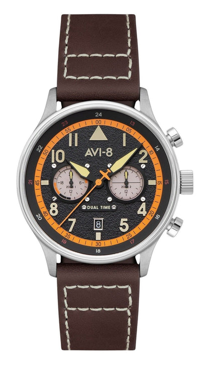 AVI-8 Hawker Hurricane Quartz movement Black Male AV-4088-07. A brand-new AVI-8 Hawker watch featuring a Black dial. Angled view.