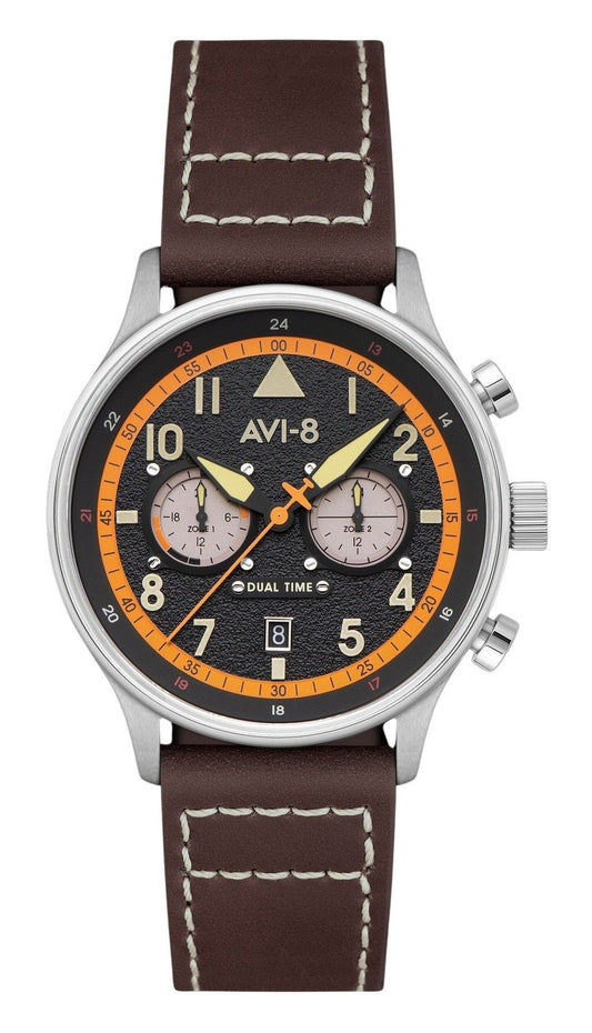 AVI-8 Hawker Hurricane Quartz movement Black Male AV-4088-07. A brand-new AVI-8 Hawker watch featuring a Black dial. Angled view.
