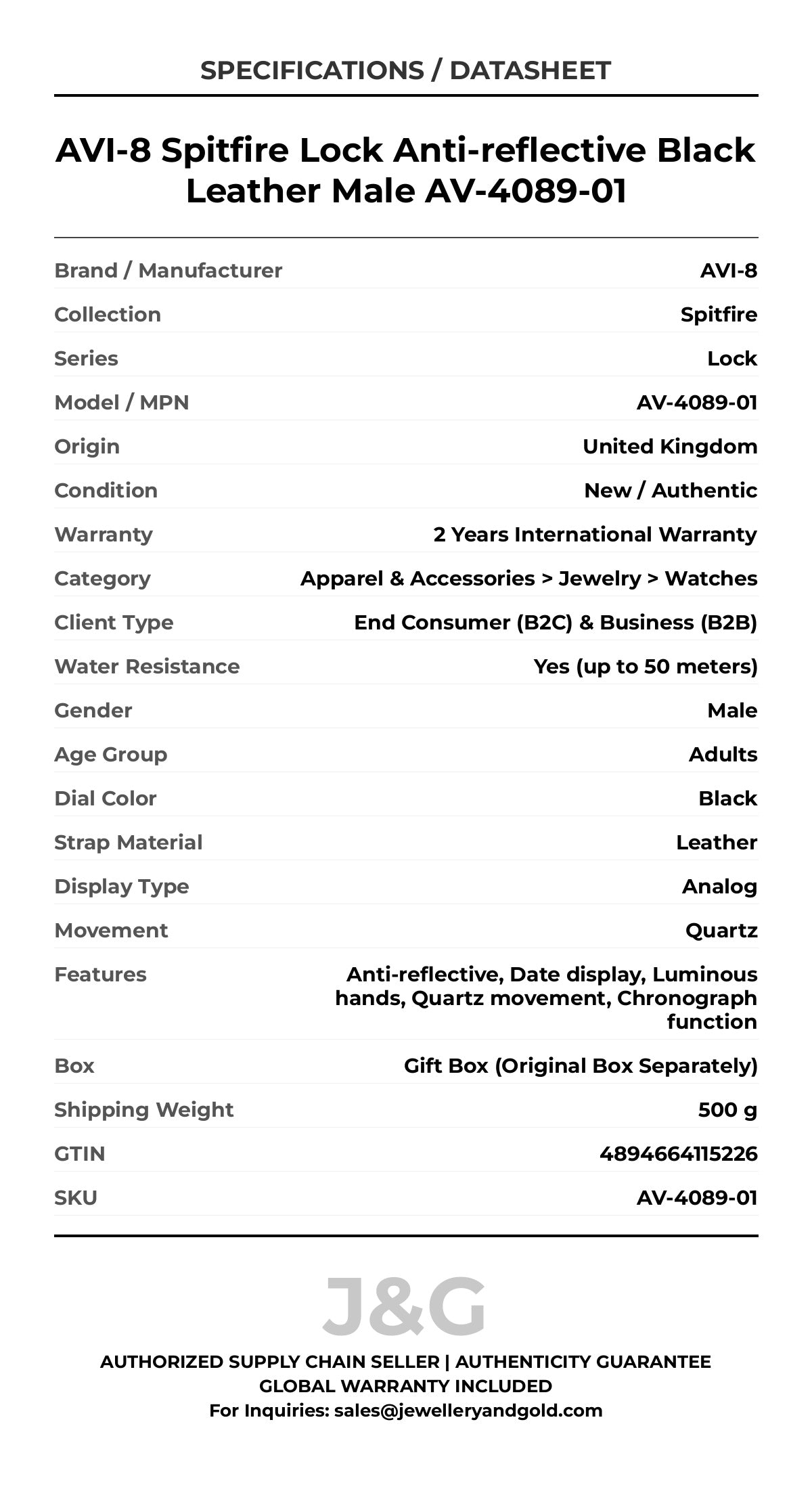 AVI-8 Spitfire Lock Anti-reflective Black Leather Male AV-4089-01 - Specifications