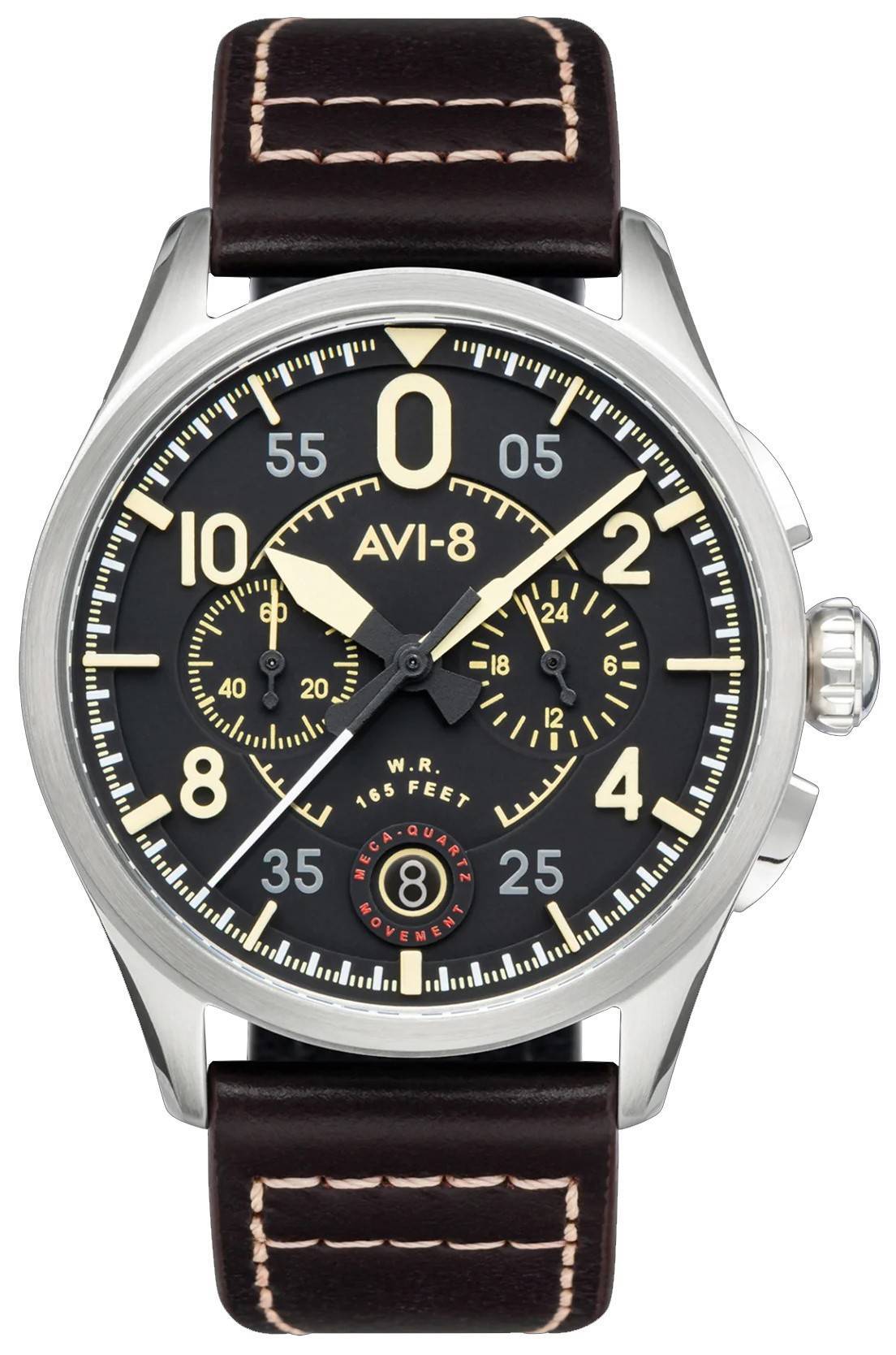 AVI-8 Spitfire Lock Anti-reflective Black Leather Male AV-4089-01. A brand-new AVI-8 Spitfire watch featuring a Black dial and a Leather strap. Angled view.