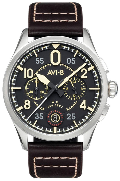 AVI-8 Spitfire Lock Anti-reflective Black Leather Male AV-4089-01. A brand-new AVI-8 Spitfire watch featuring a Black dial and a Leather strap. Angled view.