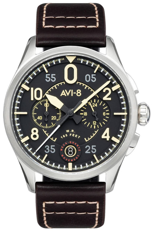 AVI-8 Spitfire Lock Anti-reflective Black Leather Male AV-4089-01. A brand-new AVI-8 Spitfire watch featuring a Black dial and a Leather strap. Angled view.