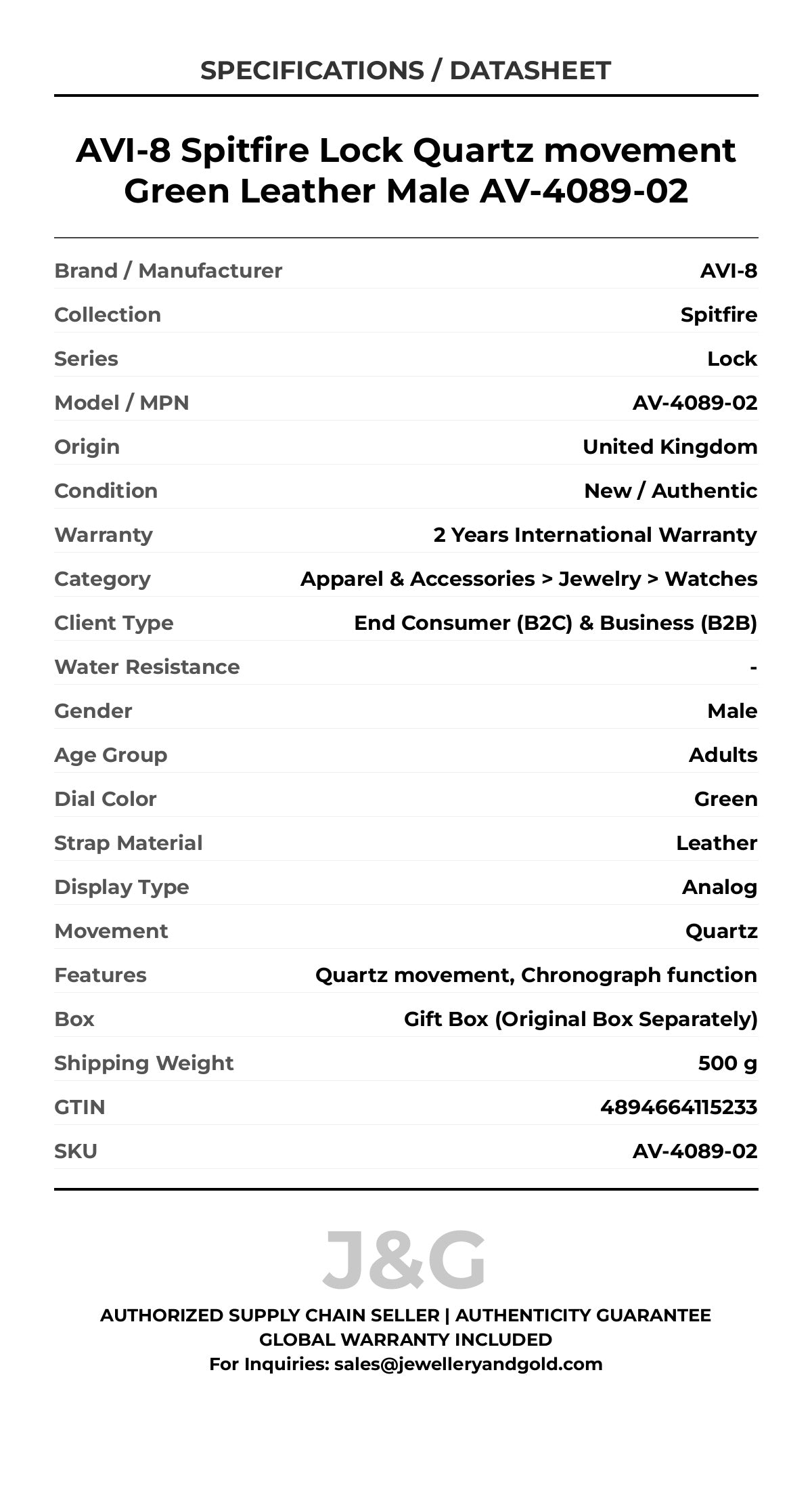 AVI-8 Spitfire Lock Quartz movement Green Leather Male AV-4089-02 - Specifications