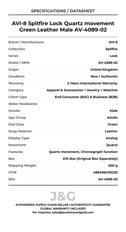 AVI-8 Spitfire Lock Quartz movement Green Leather Male AV-4089-02 - Specifications