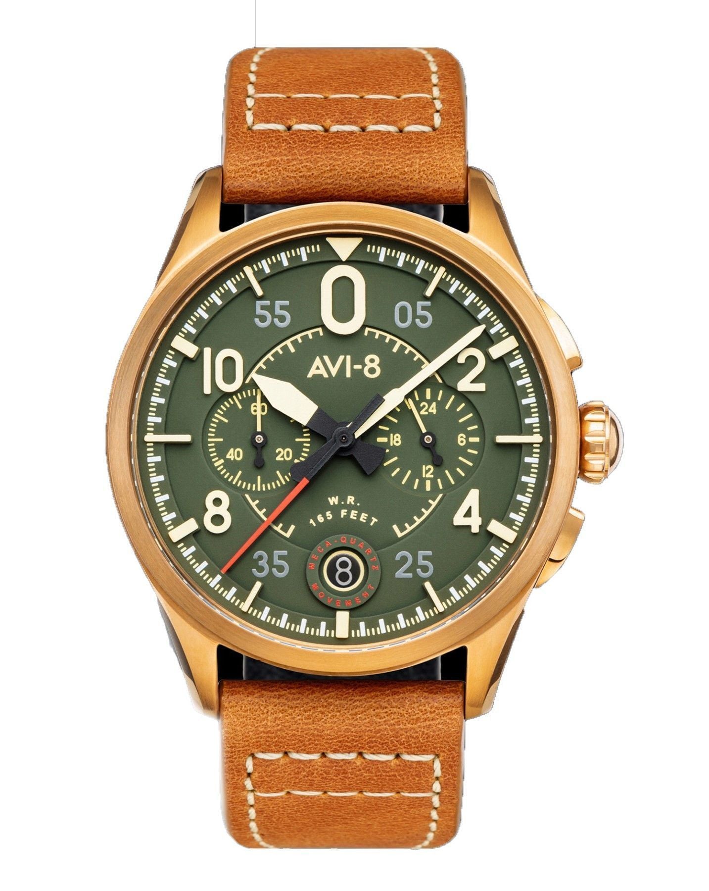 AVI-8 Spitfire Lock Quartz movement Green Leather Male AV-4089-02. A brand-new AVI-8 Spitfire watch featuring a Green dial and a Leather strap. Angled view.