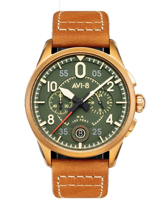 AVI-8 Spitfire Lock Quartz movement Green Leather Male AV-4089-02. A brand-new AVI-8 Spitfire watch featuring a Green dial and a Leather strap. Angled view.