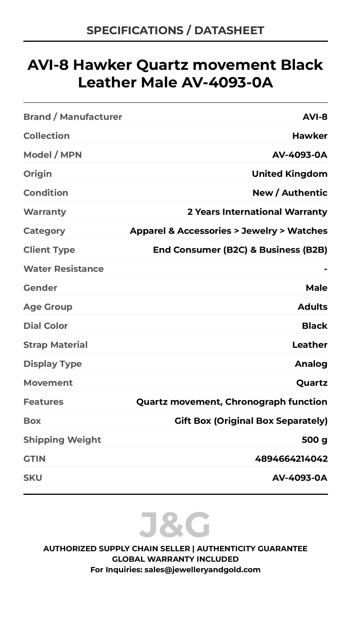 AVI-8 Hawker Quartz movement Black Leather Male AV-4093-0A - Specifications
