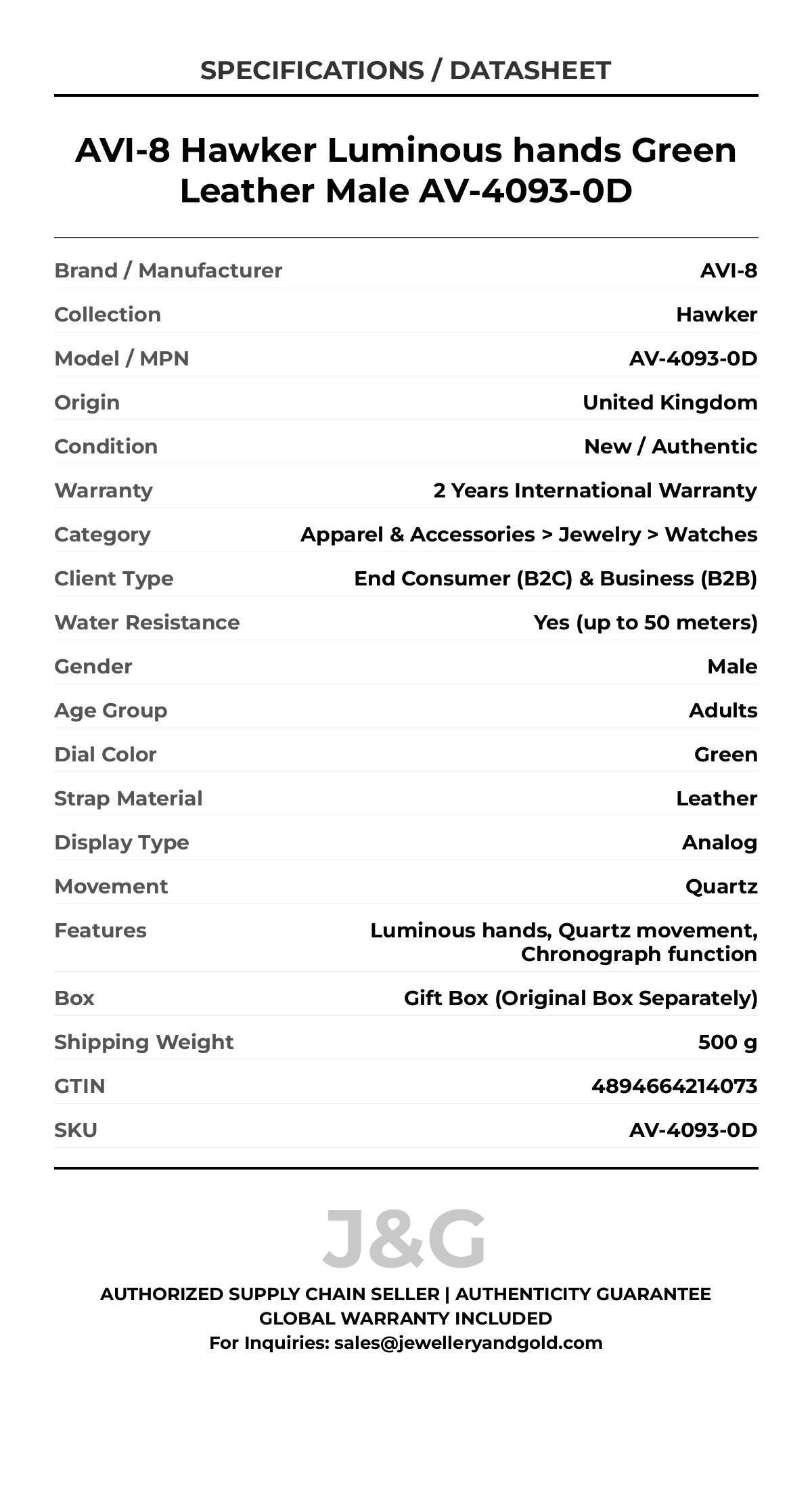 AVI-8 Hawker Luminous hands Green Leather Male AV-4093-0D - Specifications