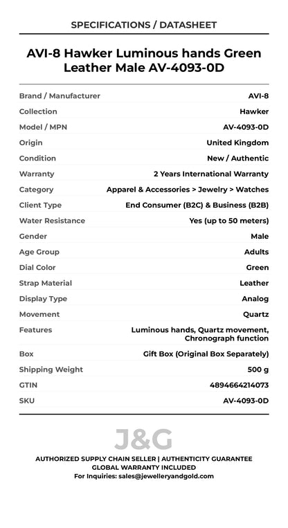 AVI-8 Hawker Luminous hands Green Leather Male AV-4093-0D - Specifications