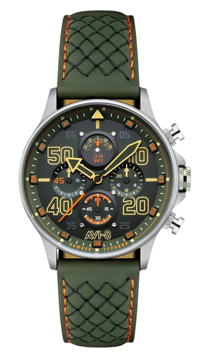 AVI-8 Hawker Luminous hands Green Leather Male AV-4093-0D. A brand-new AVI-8 Hawker watch featuring a Green dial and a Leather strap. Side view.