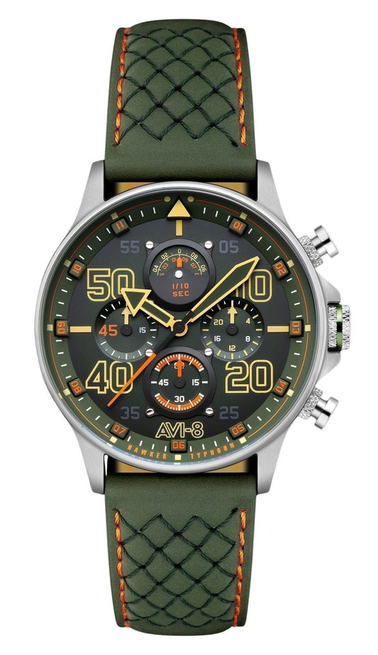 AVI-8 Hawker Luminous hands Green Leather Male AV-4093-0D. A brand-new AVI-8 Hawker watch featuring a Green dial and a Leather strap. Side view.
