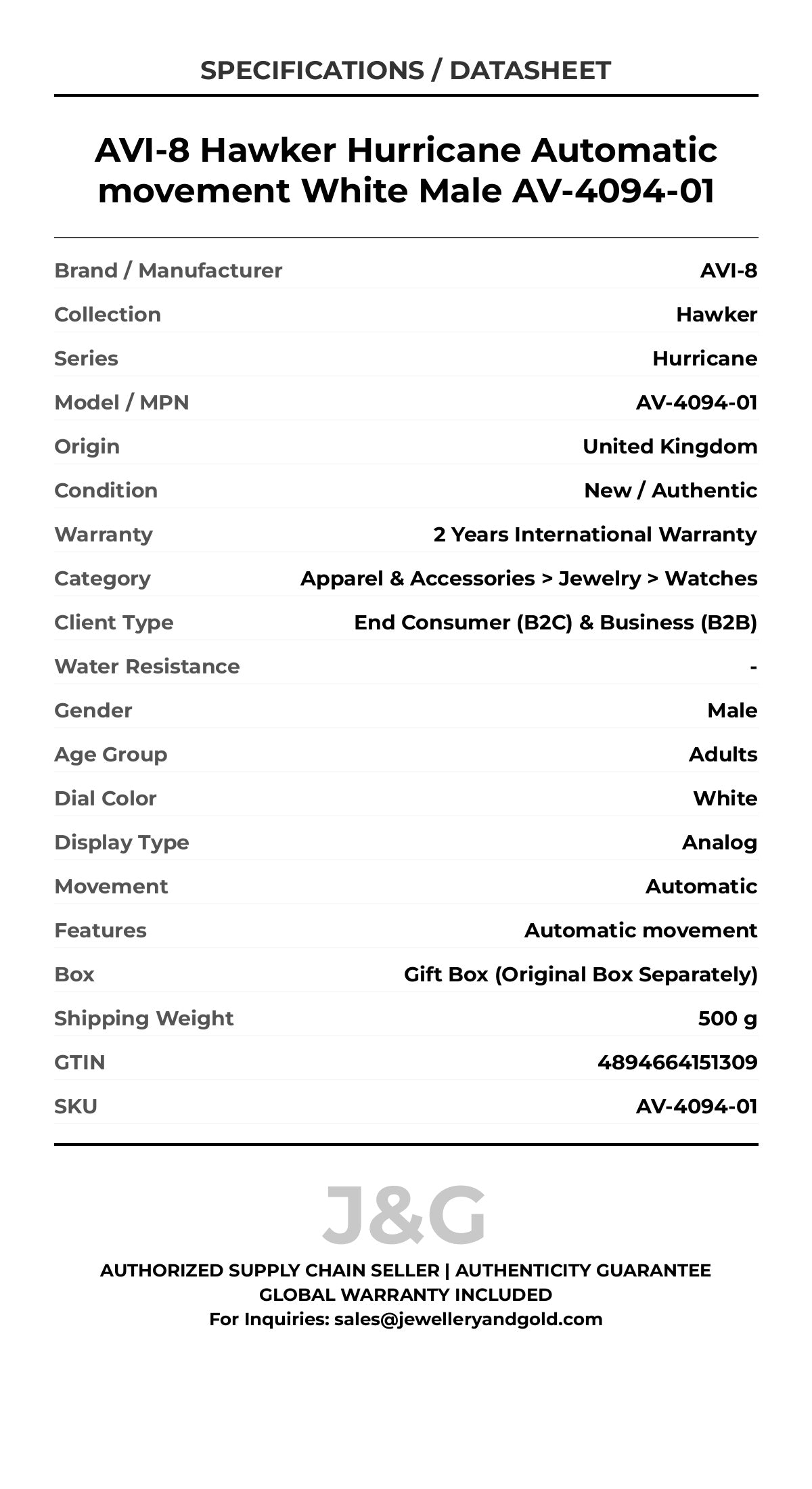 AVI-8 Hawker Hurricane Automatic movement White Male AV-4094-01 - Specifications