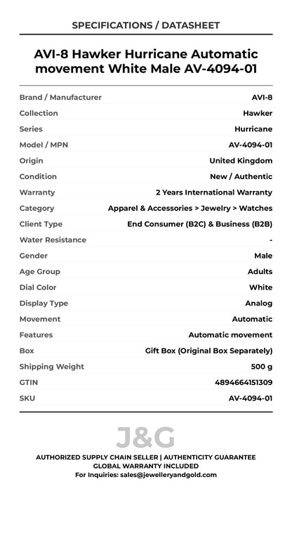 AVI-8 Hawker Hurricane Automatic movement White Male AV-4094-01 - Specifications