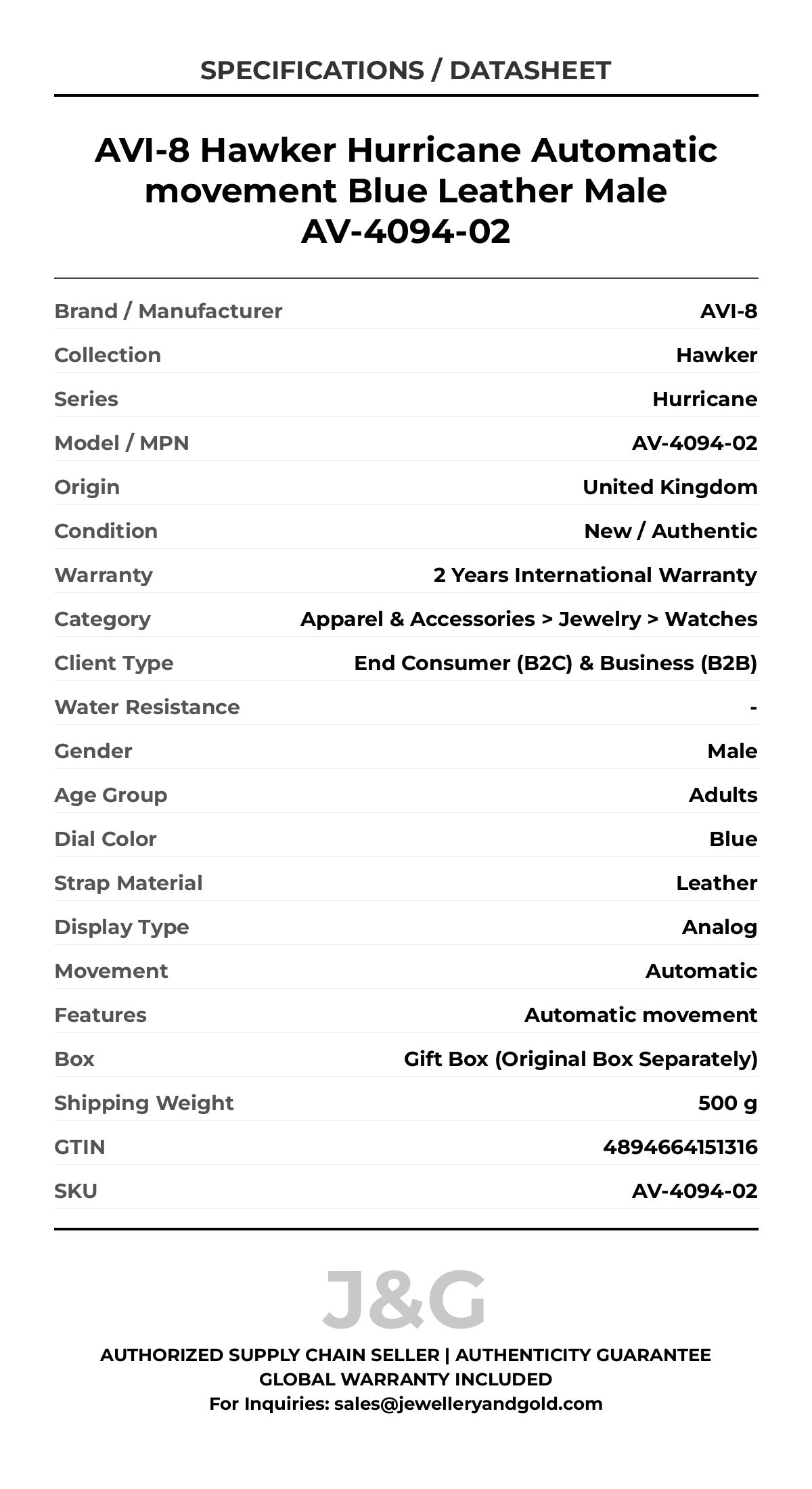AVI-8 Hawker Hurricane Automatic movement Blue Leather Male AV-4094-02 - Specifications