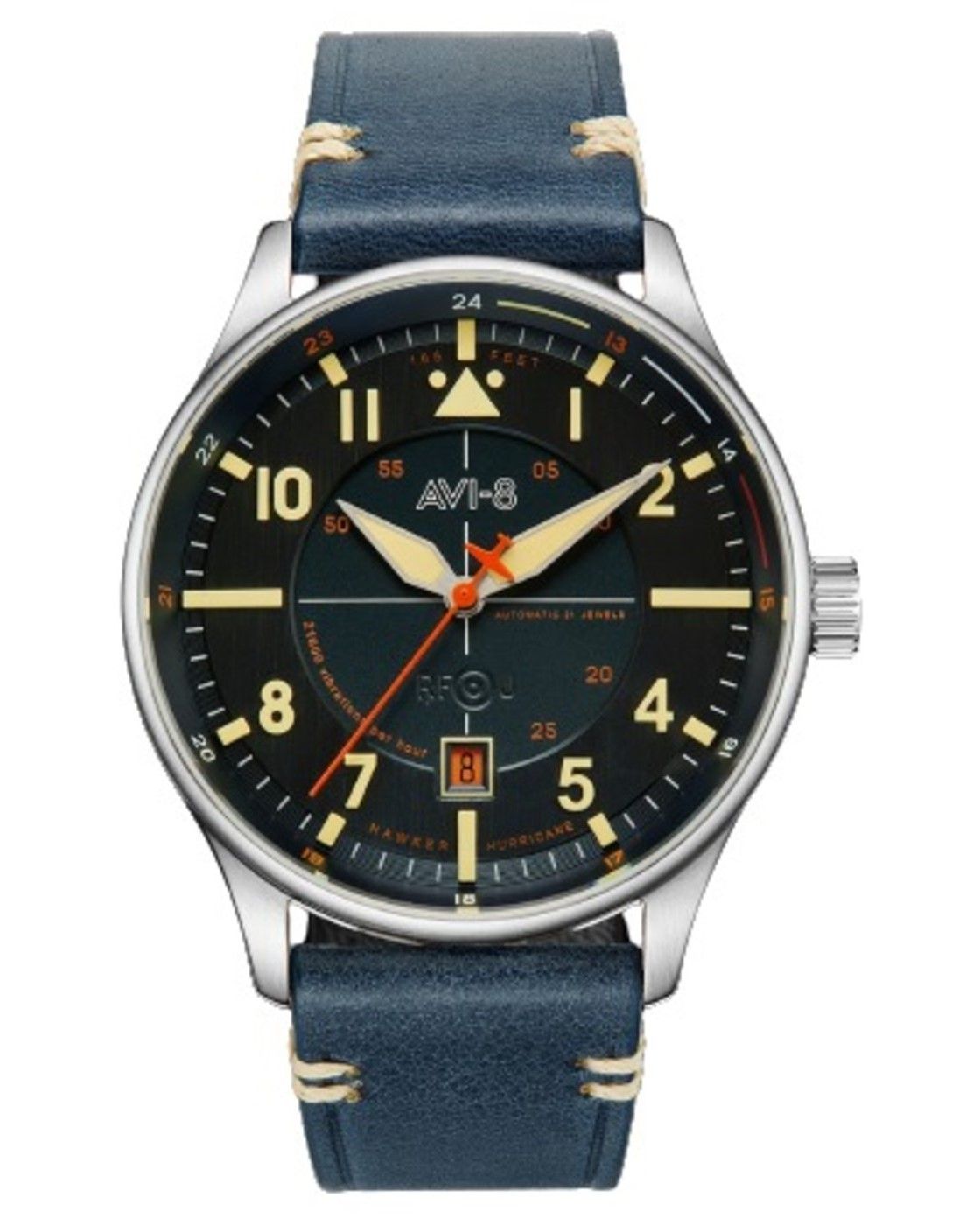 AVI-8 Hawker Hurricane Automatic movement Blue Leather Male AV-4094-02. A brand-new AVI-8 Hawker watch featuring a Blue dial and a Leather strap. Angled view.