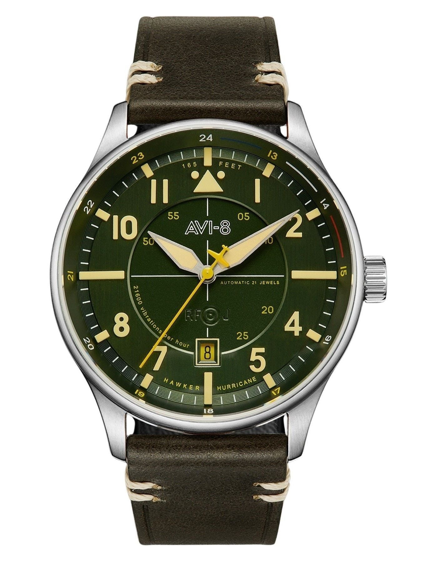 AVI-8 Hawker Hurricane Automatic movement Green Leather Male AV-4094-03. A brand-new AVI-8 Hawker watch featuring a Green dial and a Leather strap. Angled view.