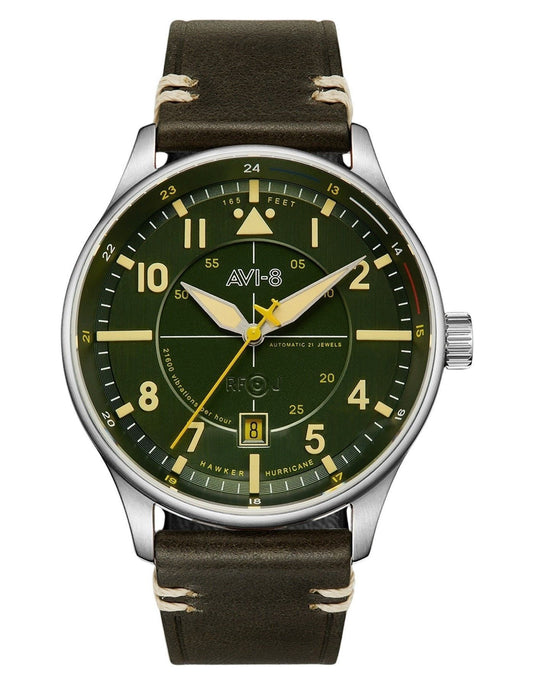 AVI-8 Hawker Hurricane Automatic movement Green Leather Male AV-4094-03. A brand-new AVI-8 Hawker watch featuring a Green dial and a Leather strap. Angled view.