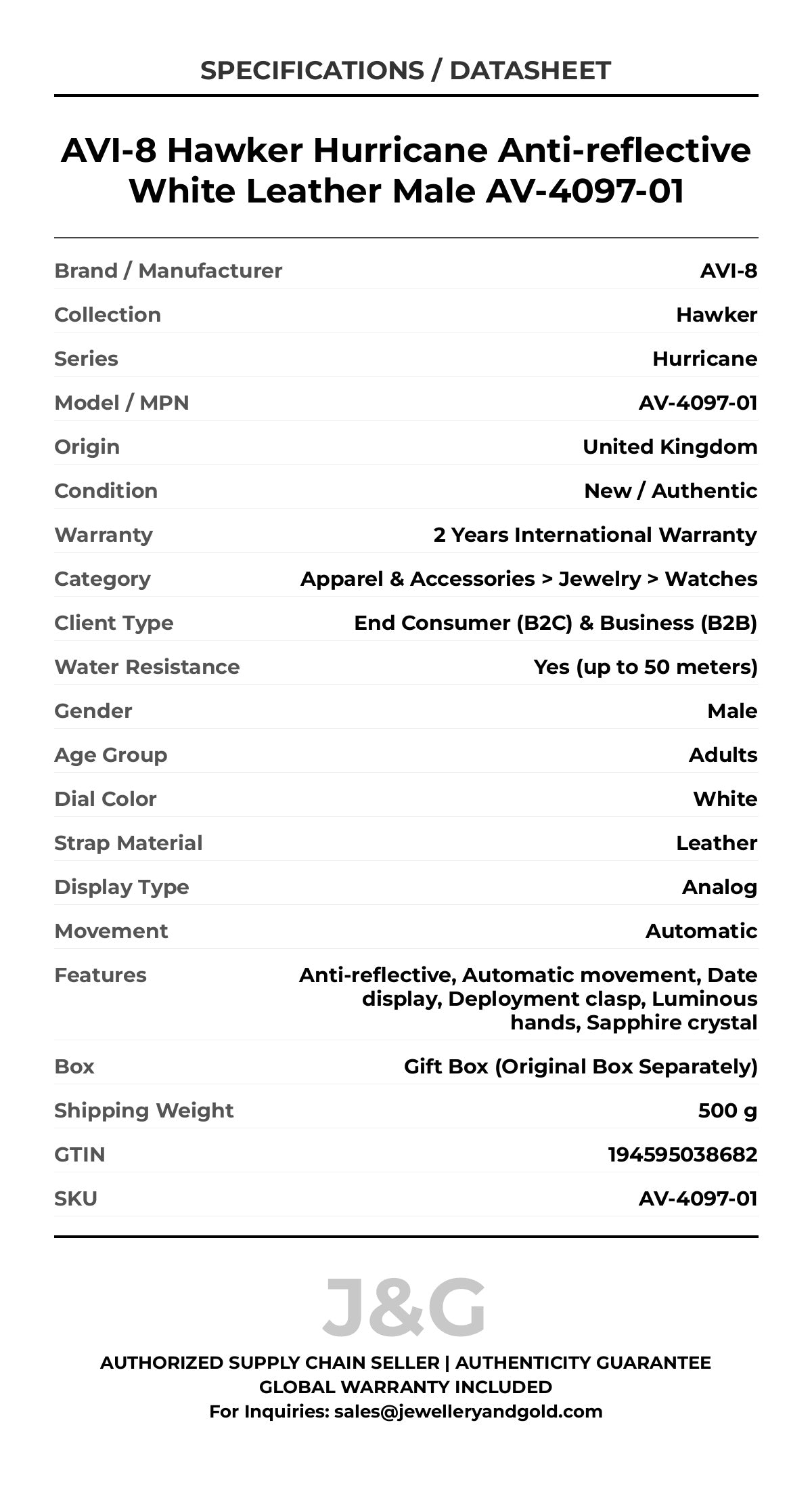AVI-8 Hawker Hurricane Anti-reflective White Leather Male AV-4097-01 - Specifications