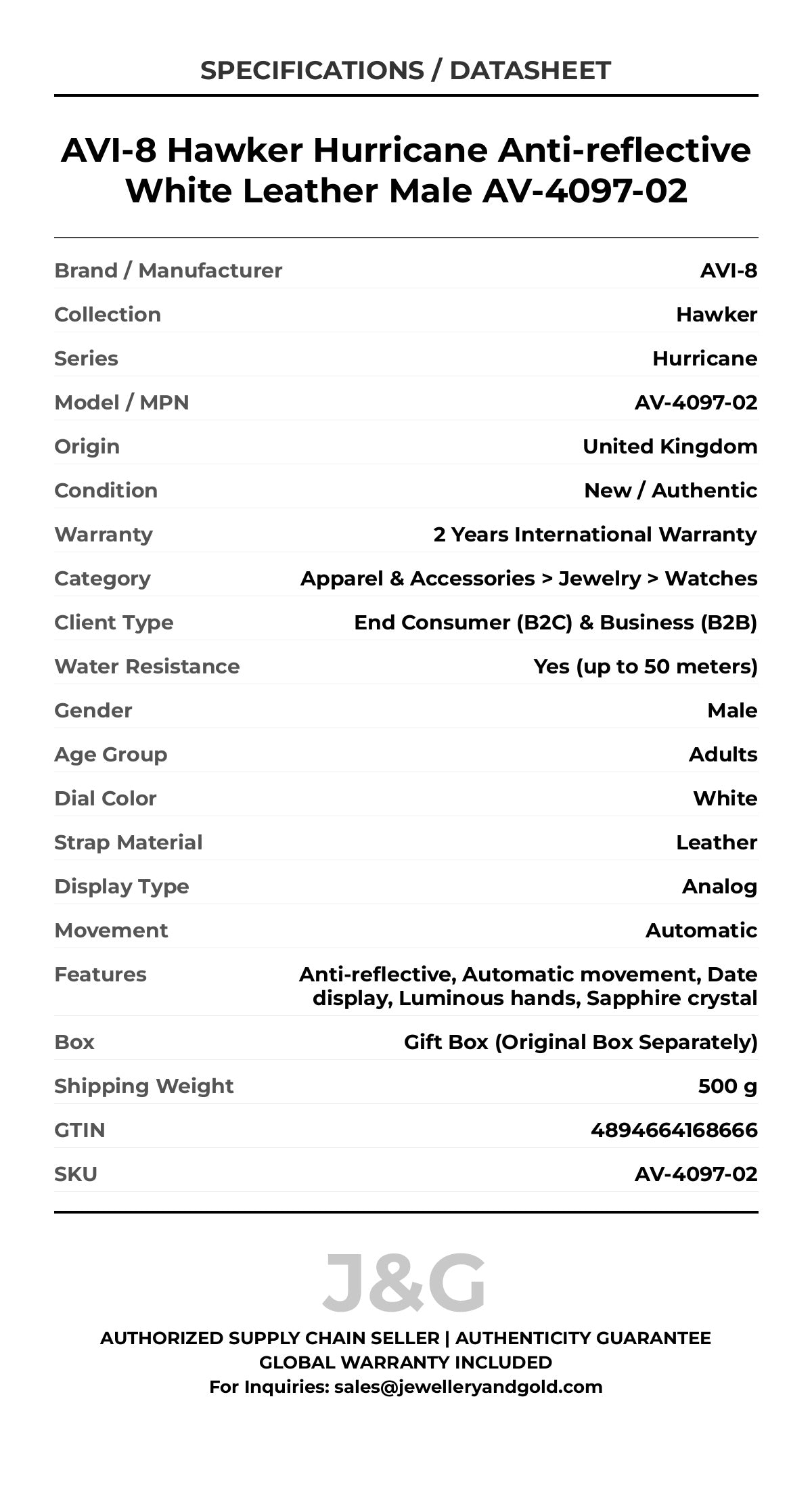AVI-8 Hawker Hurricane Anti-reflective White Leather Male AV-4097-02 - Specifications