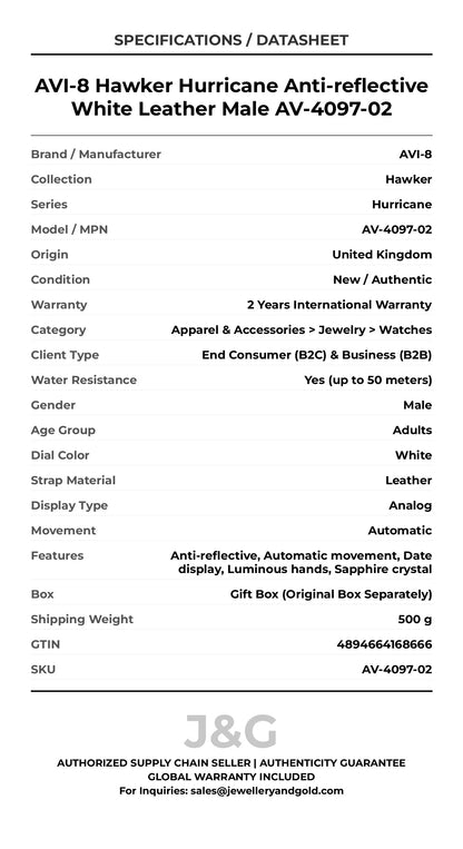 AVI-8 Hawker Hurricane Anti-reflective White Leather Male AV-4097-02 - Specifications