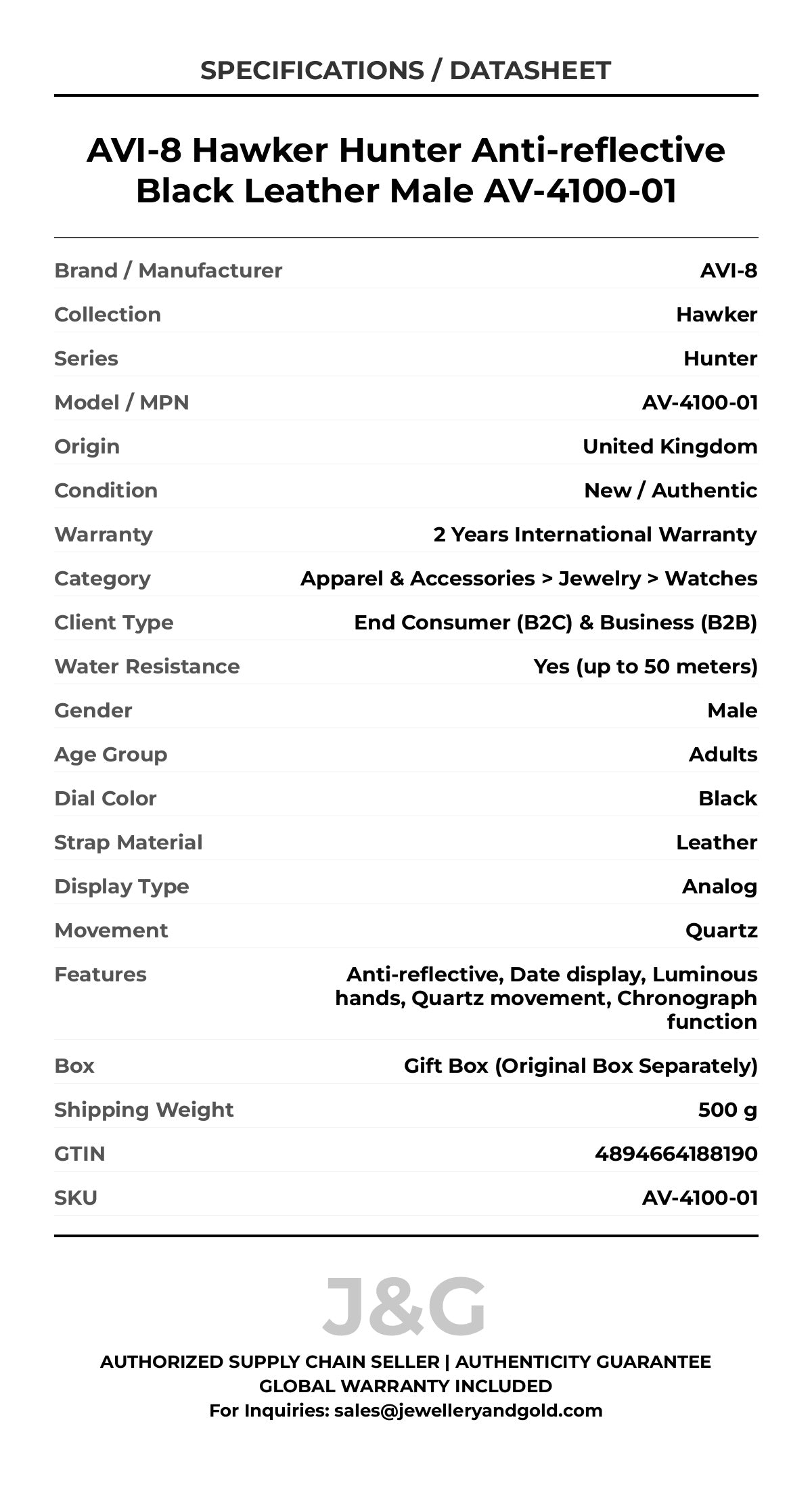 AVI-8 Hawker Hunter Anti-reflective Black Leather Male AV-4100-01 - Specifications