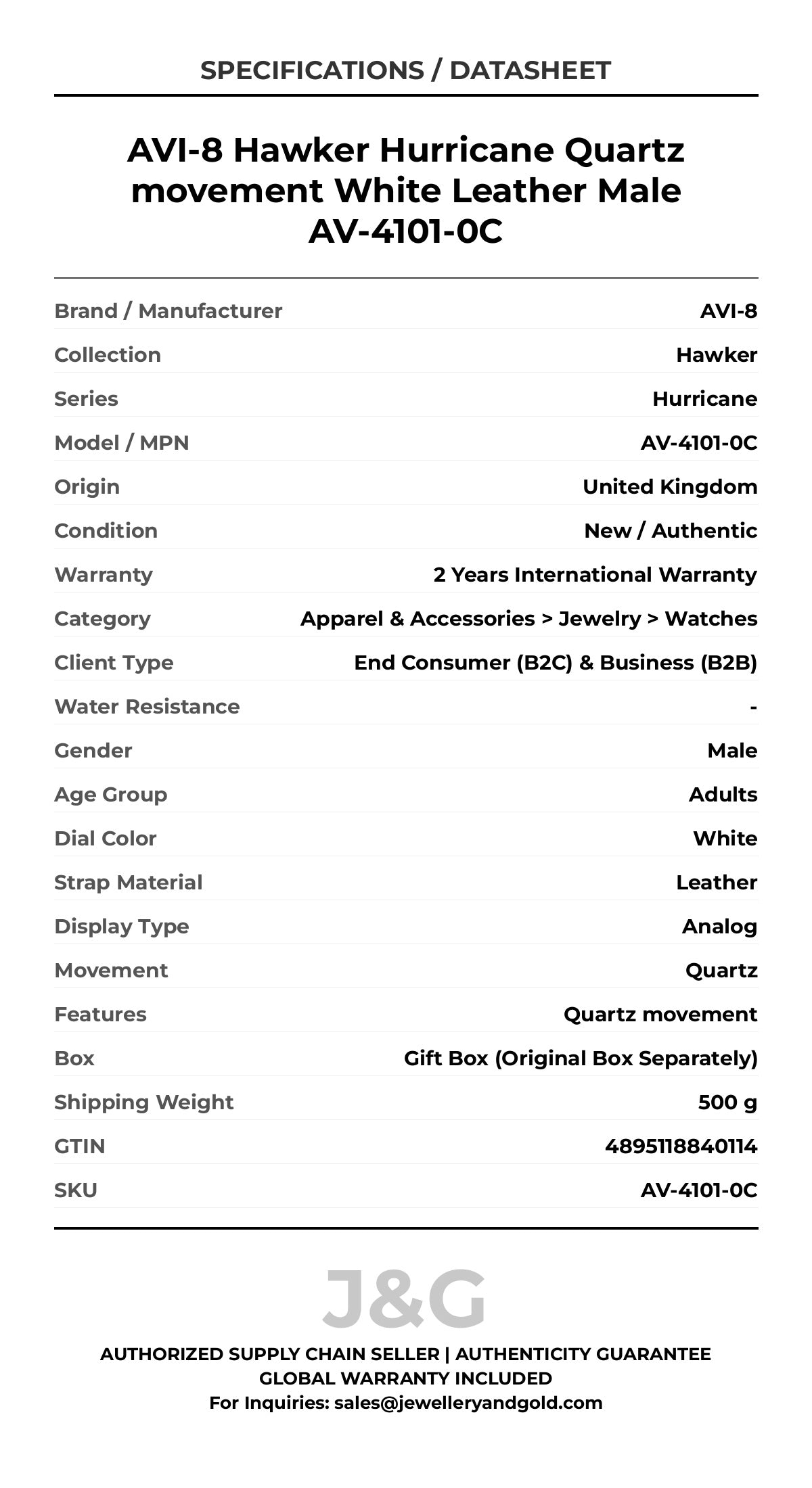 AVI-8 Hawker Hurricane Quartz movement White Leather Male AV-4101-0C - Specifications