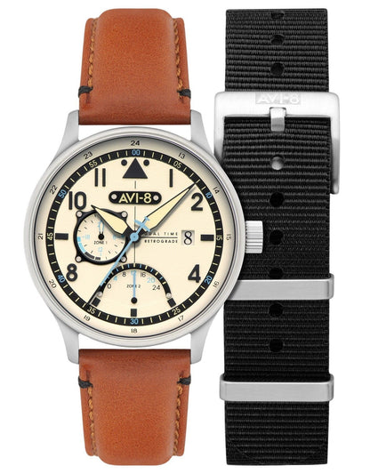 AVI-8 Hawker Hurricane Quartz movement White Leather Male AV-4101-0C. A brand-new AVI-8 Hawker watch featuring a White dial and a Leather strap. Side view.