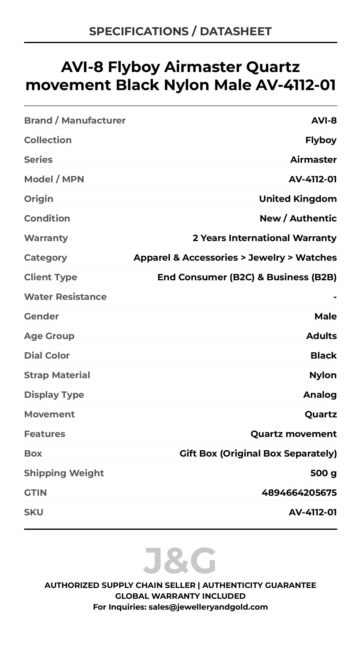 AVI-8 Flyboy Airmaster Quartz movement Black Nylon Male AV-4112-01 - Specifications