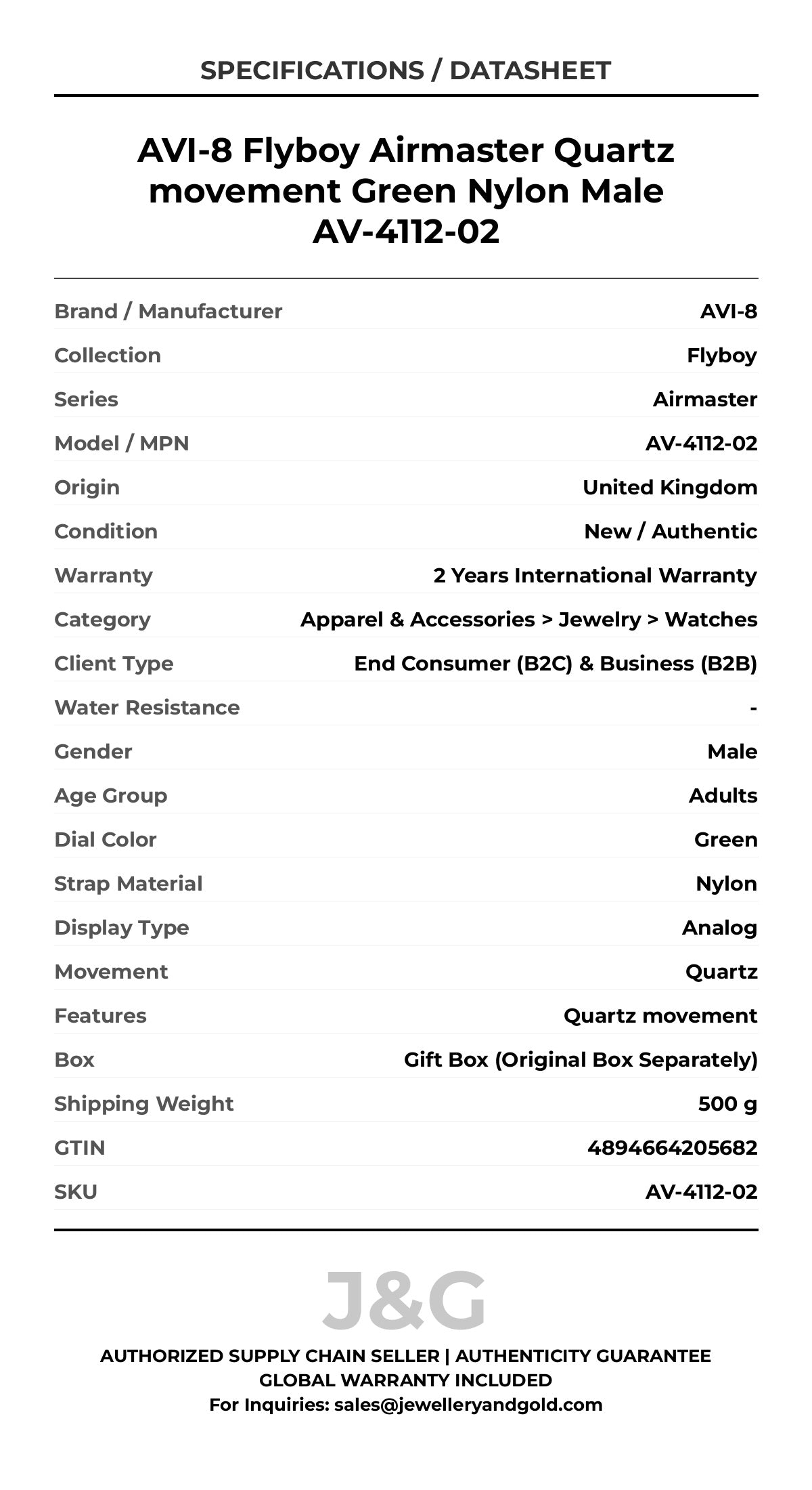 AVI-8 Flyboy Airmaster Quartz movement Green Nylon Male AV-4112-02 - Specifications