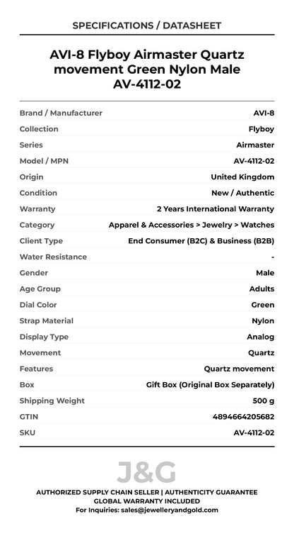 AVI-8 Flyboy Airmaster Quartz movement Green Nylon Male AV-4112-02 - Specifications